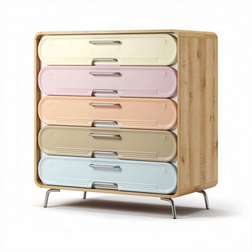 Bamboo six-drawer storage cabinet with pastel storage bins 80 x 40 x 100cm