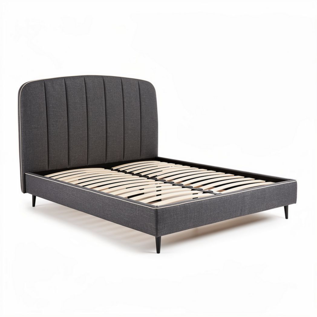 Upholstered platform bed frame with wooden slats in gray fabric 200 x 160 x 100cm