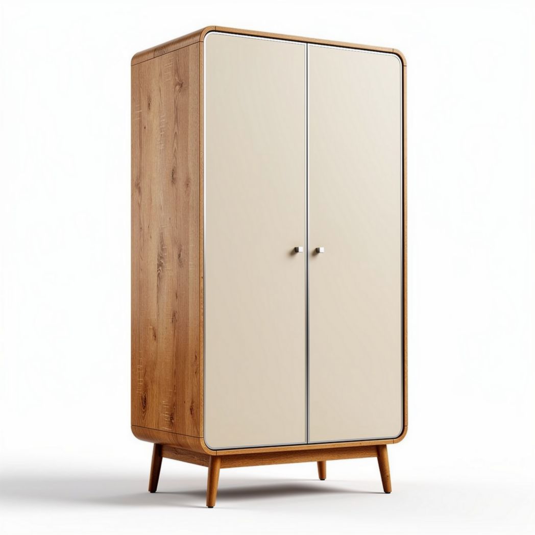 Wooden wardrobe with cream sliding doors and tapered legs 80 x 40 x 150cm