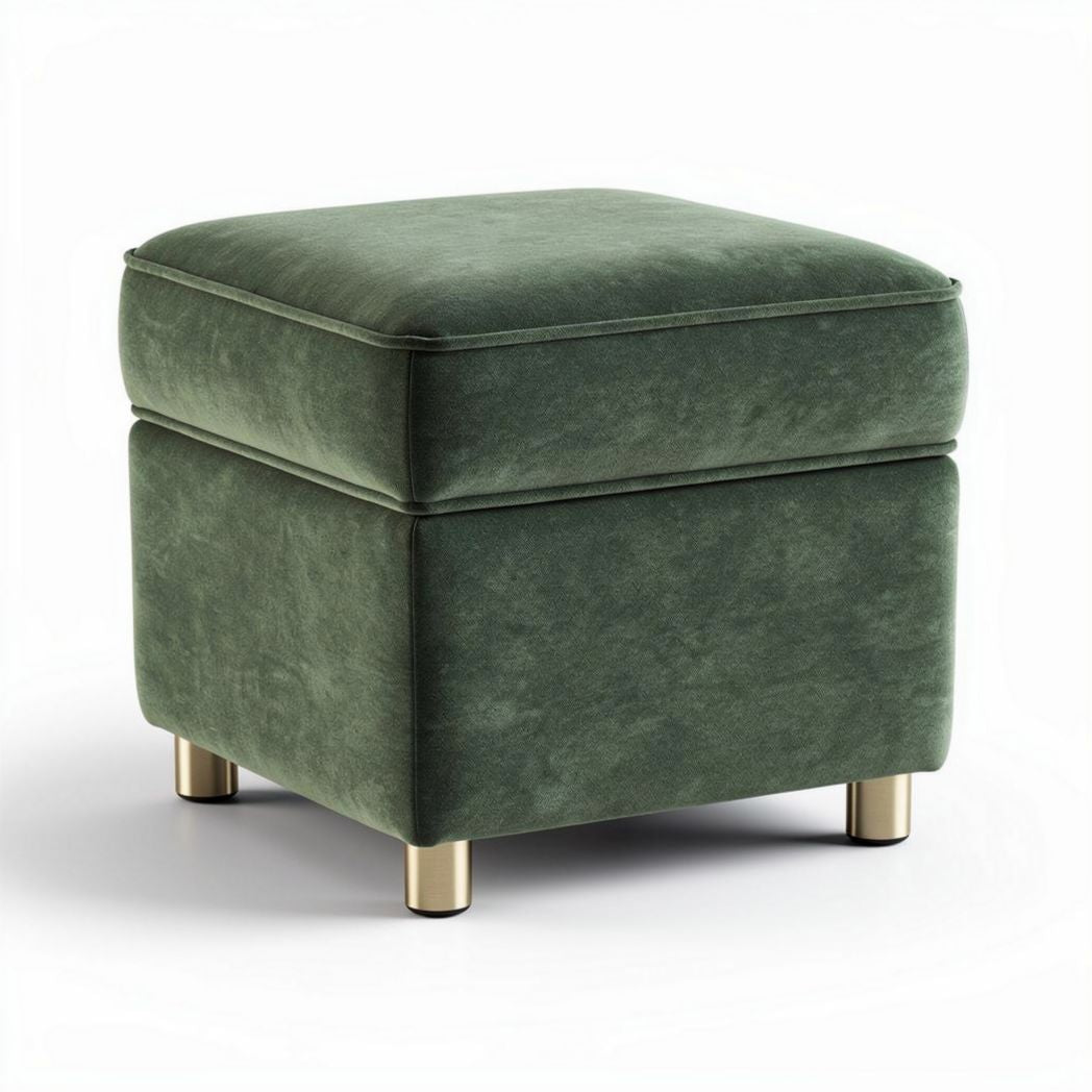 Green velvet ottoman with gold legs for living room 45 x 45 x 40cm