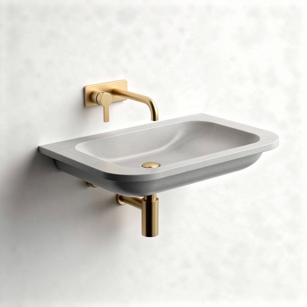 Wall-mounted gray ceramic sink with brushed gold faucet 70 x 40 x 15cm