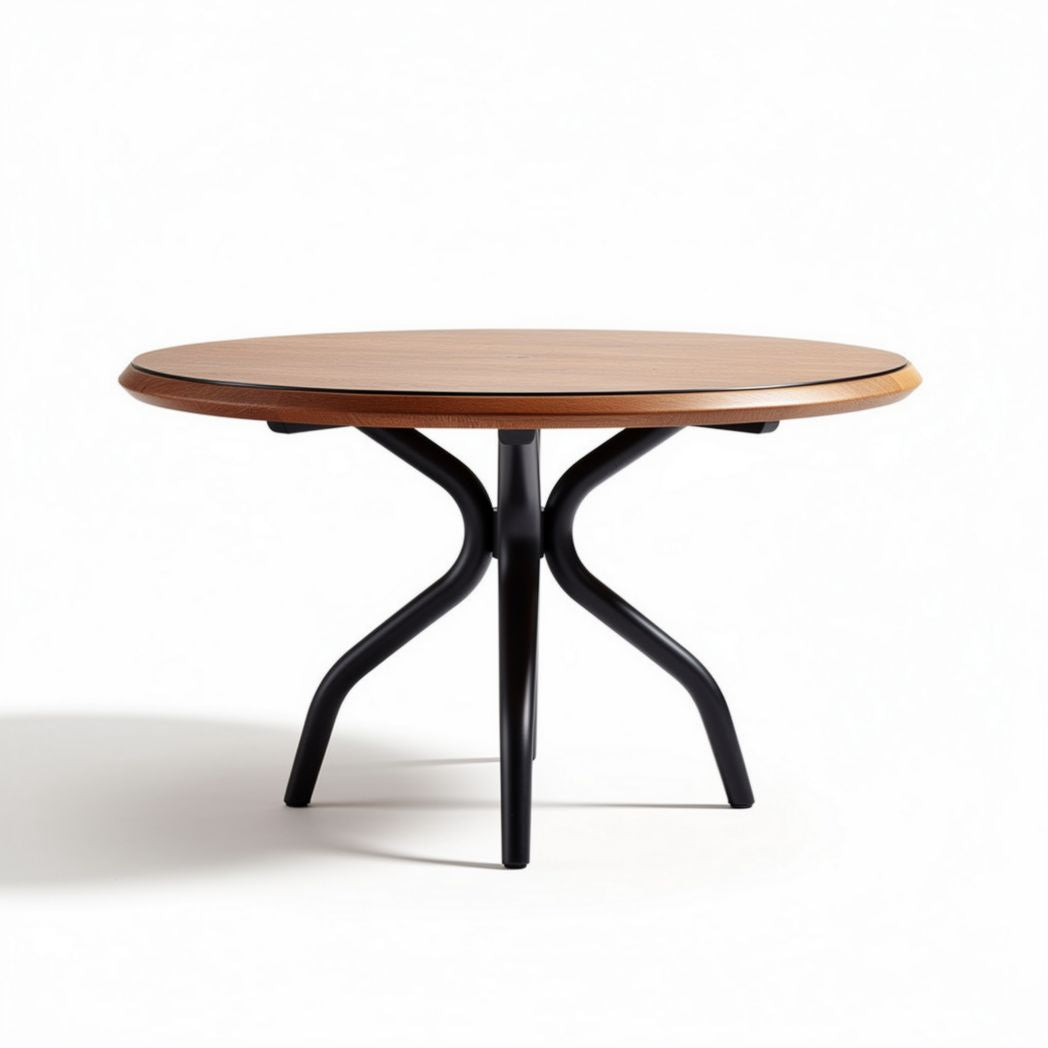 Round wood dining table with black metal base 100 x 100 x 75cm