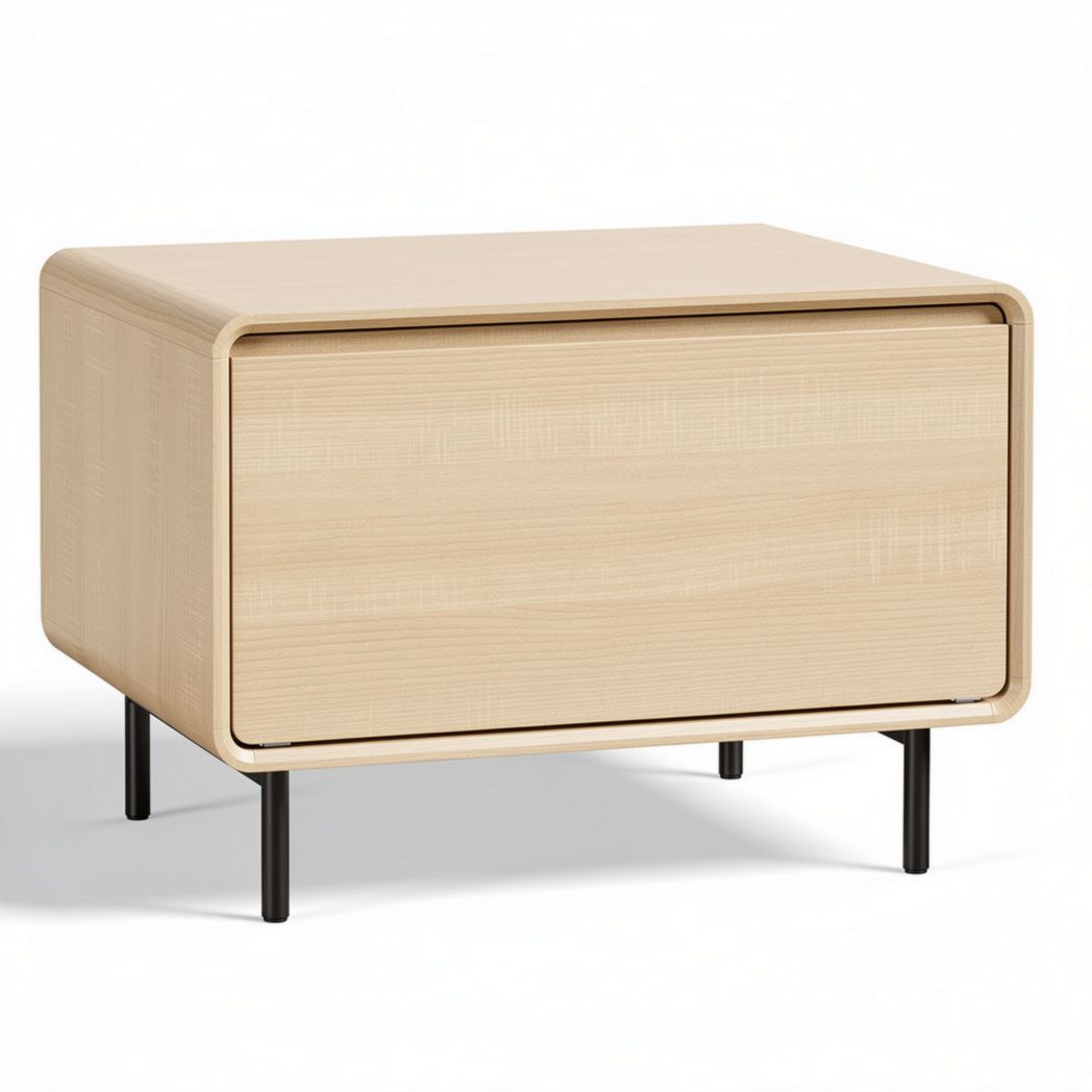 Natural wood nightstand with sliding drawer and metal legs 50 x 40 x 35cm