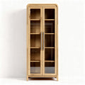 Glass door cabinet in natural wood finish 80 x 40 x 180cm for storage