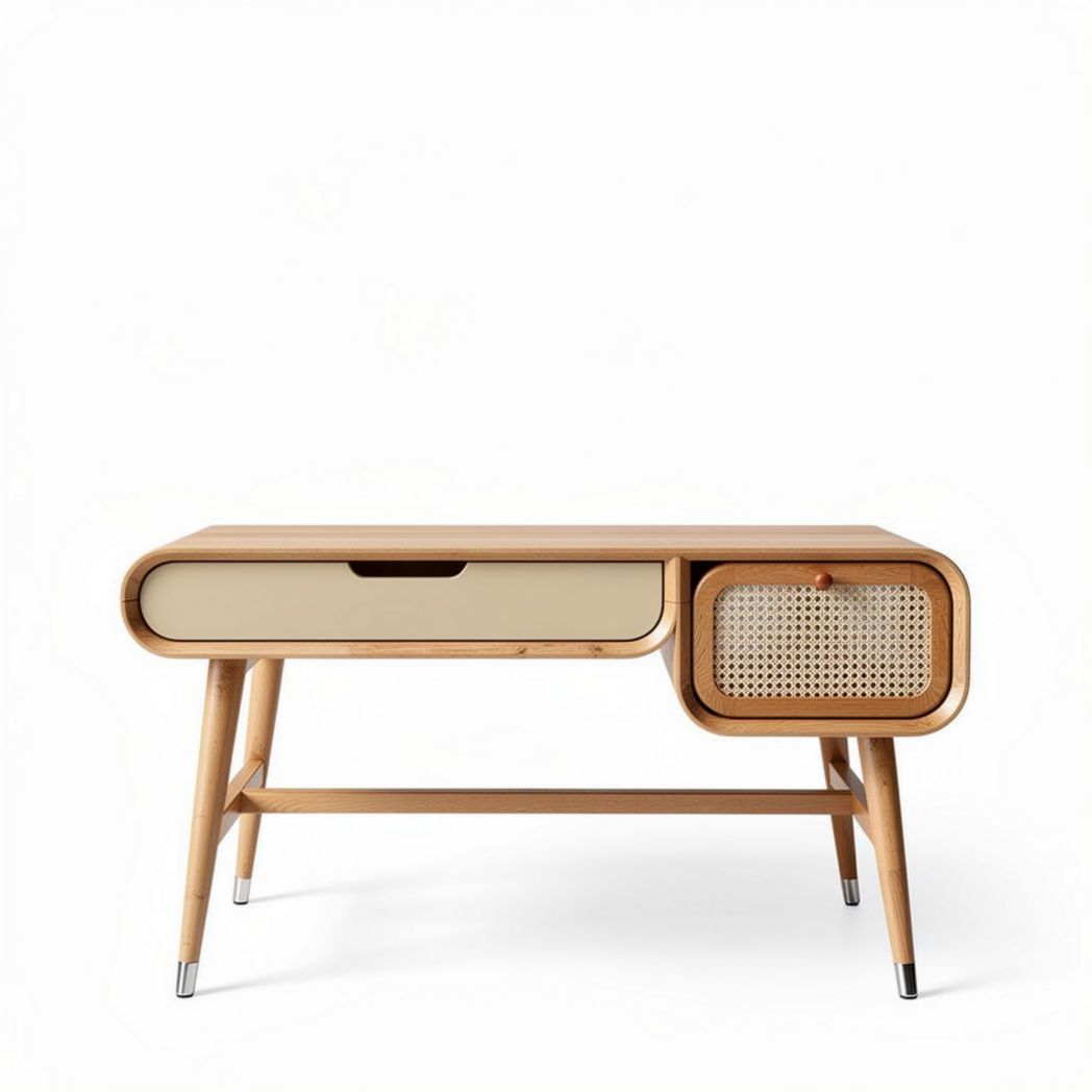 Wooden desk with drawer and rattan storage for home office use 120 x 60 x 75cm